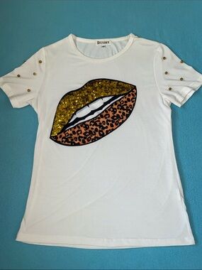 PESION Sequin embellished leopard print lips crewneck short sleeve white size S